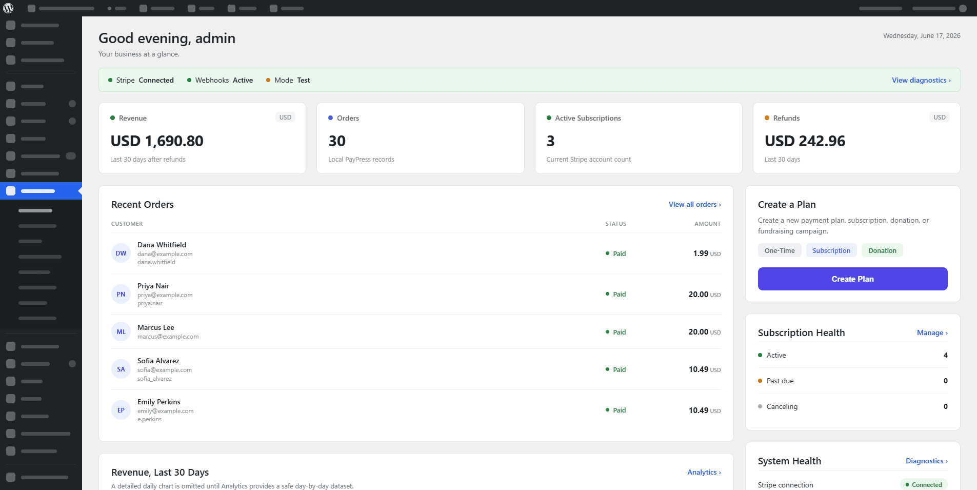 PayPress dashboard showing payment activity and account overview.